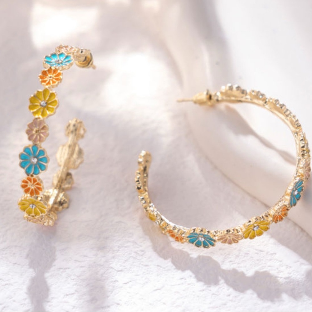 Boho Gold Plated Alloy Colorful Floral Rhinestone Accent Hoop Earrings